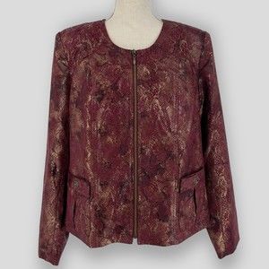 Susan Graver Full Zip Jacket Womens Snake Print Long Sleeve Red Metallic Size M